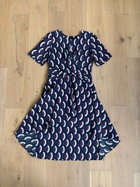 WHIT Navy and White Geometric Wrap Midi Dress with Red Accents